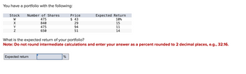 You have a portfolio with the following:
Stock
W
X
Y
Z
Number of Shares
475
840
475
650
Expected return
Price
$43
%
29
94
51
What is the expected return of your portfolio?
Note: Do not round intermediate calculations and enter your answer as a percent rounded to 2 decimal places, e.g., 32.16.
Expected Return
10%
15
11
14