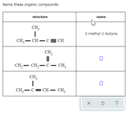 Name these organic compounds:
structure
name
CH3
3-methyl-1-butyne
CH; - CH –C= CH
CH,
CH, — сн, — с.
CH;
-
CH;
CH,-C= CH – CH,
