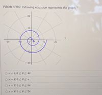 Which of the following equation represents the graph ?
20
10
-20
- 10
10
20
10
-20
Or = 0,0 < 0 < 4t
Or= 0,0 <0 <T
Or= 0,0 < 0< 8T
Or= 0,0 < 0 < 2n
