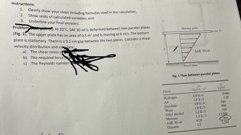 Instructions:
1.
2.
3.
Clearly show your steps including formulas used in the calculation;
Show units of calculated variables; and
Underline your final answers.
Problem the points): At 20°C, SAE 30 oil is deformed between two parallel plates
(Fig. 1). The upper plate has an area of 0.5 m² and is moving at 6 m/s. The bottom
plate is stationary. There is a 0.2 cm gap between the two plates. Consider a linear
velocity distribution and calculate:
a) The shear stress (US)
b)
The required force
c)
The Reynolds number
(upper)
h
Moving plate
SAE 30 oil
Fluid
Hydrogen
Air
Gasoline
Water
Ethyl alcohol
Mercury
SAE 30 oil
Glycerin
Fixed plate
Fig. 1 Flow between parallel plates
fl₂
kg/(m.s)
8.8 E-6
1.8 E-5
V
2.9 E-4
1.0 E-3
1.2 E-3
1.5 E-3
0.29
1.5
P
kg/m³
0.084
1.20
680
998
789
13,580
891
1,264