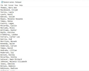 ## List of Names

Below is a compilation of random names that can be used for educational purposes such as role-playing scenarios, name recognition exercises, or for creating fictional characters in storytelling activities.

- Thomas, Nora Ann
- Macdonald, Elijah
- Torres, Layla
- Lynch, Hazel
- Watson, Josiah
- Reyes, Melanie Roxanne
- Tomas, Mateo
- Castro, Logan
- McCarthy, Callie
- Mercado, Miles
- Williams, Hunter
- Doyle, Paisley
- O'Doherty, London
- Ferrari, Carter Lee
- Garcia, Zee
- Morrison, Nevaeh
- Kennedy, Dylan
- Anderson, Carson
- Tomas, David
- Andrada, Lillian
- Pedersen, Ivy
- Wilson, Hailey
- McCarthy, Stella
- Salazar, Owen Richard
- Johnson, Melanie Elizabeth
- Jones, Adeline
- Nilsen, Dominic
- Robinson, Madison
- Anderson, Lucy

No graphs or diagrams are present in this image. The information consists solely of a text list of names.