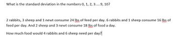 **Educational Content: Statistical Concepts and Problem-Solving**

**Standard Deviation:**
- **Question:** What is the standard deviation in the numbers 0, 1, 2, 3, ..., 9, 10?
- **Explanation:** The standard deviation is a measure of the amount of variation or dispersion in a set of values. It indicates how much individual numbers in a dataset differ from the mean (average) of the dataset.

**Animal Feed Consumption Problem:**
- **Scenario 1:** 
  - 2 rabbits, 3 sheep, and 1 newt consume 24 lbs of feed per day.
- **Scenario 2:** 
  - 6 rabbits and 1 sheep consume 16 lbs of feed per day.
- **Scenario 3:** 
  - 2 sheep and 3 newt consume 18 lbs of food a day.
  
- **Question:** How much food would 4 rabbits and 6 sheep need per day?

**Approach:**
1. **Identify the variables:** Let R = rabbit, S = sheep, N = newt.
2. **Formulate equations based on the scenarios:**
   - \(2R + 3S + 1N = 24\)
   - \(6R + 1S = 16\)
   - \(2S + 3N = 18\)
3. **Determine the individual consumption rates for rabbits and sheep.**
4. **Calculate the total feed needed for 4 rabbits and 6 sheep based on the rates determined.**

**Note:** This problem involves algebraic manipulation and solving systems of equations to understand how each type of animal contributes to the total feed consumption.