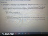 "HdJuaap je uijidse 1o Auonios aun Buipueaau sisa
The experiment
A) Three teaspoons of water (approx. 15 ml) were added to one tablet said to contain 300 mg of aspirin. Fizzing
was observed. Most of the tablet dissolved, but there were some solid particles. By heating the mug in a
microwave for 10 second increments until the water came to the boil (approx. 3x), all of the solid particles
dissolved. The solution was left to cool to room temperature and then placed in a fridge and NOTHING
HAPPENED. Try this yourself if you can spare two aspirin tablets, your results might look different.
Questions to ask:
1. What might the fizzing bubbles be?
2. Can you give a chemical explanation?
3. Can you write a chemical reaction equation with aspirin reacting with something to give a gas and aspirin
in another form?
What might be the formulation (what the manufacturer mixes with aspirin in making the tablet) "trick"
for aspirin to improve solubilitV?
How does this compare with the published solubility of aspirin in water- this is a physical property of
an organic compound.
4.
5.
21°C
00
HUAWEI P30 lite
TRIPLE CAMERA
