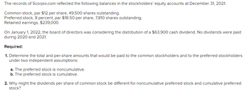 The records of Scorpio.com reflected the following balances in the stockholders' equity accounts at December 31, 2021:
Common stock, par $12 per share, 49,500 shares outstanding.
Preferred stock, 8 percent, par $18.50 per share, 7,810 shares outstanding.
Retained earnings, $239,000.
On January 1, 2022, the board of directors was considering the distribution of a $63,900 cash dividend. No dividends were paid
during 2020 and 2021.
Required:
1. Determine the total and per-share amounts that would be paid to the common stockholders and to the preferred stockholders
under two independent assumptions:
a. The preferred stock is noncumulative.
b. The preferred stock is cumulative.
2. Why might the dividends per share of common stock be different for noncumulative preferred stock and cumulative preferred
stock?