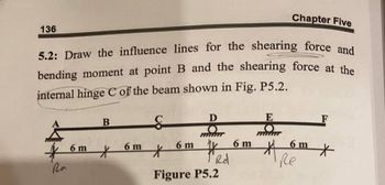 136
5.2: Draw the influence lines for the shearing force and
bending moment at point B and the shearing force at the
internal hinge C of the beam shown in Fig. P5.2.
Па
6 m
B
*
6 m
ç
*
6m
D
1'Rd
Figure P5.2
6 m
Chapter Five
E
жре
6 m
F
*