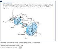 Required information
A countershaft carrying two V-belt pulleys is shown in the figure. Pulley A receives power from a motor through a belt with
the belt tensions shown. The power is transmitted through the shaft and delivered to the belt on pulley B. Assume the belt
tension on the loose side at Bis 15 percent of the tension on the tight side. Given: B(dB) = 210 mm, T(AJ = 1720 N, and
TA2) = 258 N.
230 mm
| T,
280 mm
30-mm dia.
300 mm
B(dB)
400-mm dia.
T(A2)
T(A:)
Determine the tensions in the belt on pulley Bassuming the shaft is running at a constant speed.
The tension on the loose side of the pulley is
N.
The tension on the tight side of the pulley is |
N.
