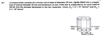 Q-1
A compound bar consists of a circular rod of steel of diameter 25 mm, rigidly fitted into a copper
tube of internal diameter 25 mm and thickness 2.5 mm. If the bar is subjected to an axial load of
100 kN, find the stresses developed in the two materials. Given, E = 2 × 105 N/mm² and Ecu
1.2 x 105 N/mm².
=
Steel
tube
→ Copper
tube
'25mm 2.5mm