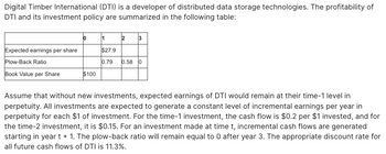 Digital Timber International (DTI) is a developer of distributed data storage technologies. The profitability of
DTI and its investment policy are summarized in the following table:
Expected earnings per share
Plow-Back Ratio
Book Value per Share
0
$100
1
$27.9
0.79 0.58 0
2 3
Assume that without new investments, expected earnings of DTI would remain at their time-1 level in
perpetuity. All investments are expected to generate a constant level of incremental earnings per year in
perpetuity for each $1 of investment. For the time-1 investment, the cash flow is $0.2 per $1 invested, and for
the time-2 investment, it is $0.15. For an investment made at time t, incremental cash flows are generated
starting in year t + 1. The plow-back ratio will remain equal to 0 after year 3. The appropriate discount rate for
all future cash flows of DTI is 11.3%.