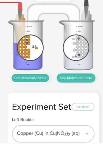 - 500 mL
450
- 100
25
See Molecular Scale
- 500 mL
Left Beaker
<-450
- 100
See Molecular Scale
Experiment Set Full Reset
Copper (Cu) in Cu(NO3)2 (aq)