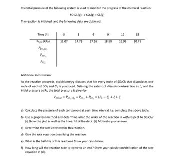 The total pressure of the following system is used to monitor the progress of the chemical reaction.
SO₂Cl₂(g) → SO₂(g) + Cl₂(g)
The reaction is initiated, and the following data are obtained:
Time (h)
PTotal (kPa)
Pso₂Cl₂
PS0₂
Pcl₂
0 3 6
17.26
11.07
14.79
9 12 15
19.99
18.90
20.71
Additional information:
As the reaction proceeds, stoichiometry dictates that for every mole of SO₂Cl₂ that dissociates one
mole of each of SO₂ and Cl₂ is produced. Defining the extent of dissociation/reaction as , and the
initial pressure as Po, the total pressure is given by:
Ptotal = Pso₂Cl₂ + Pso₂ + Pcl₂ = (Po-5)+ 5 + 5
a) Calculate the pressure of each component at each time interval, i.e. complete the above table.
b) Use a graphical method and determine what the order of the reaction is with respect to SO₂Cl₂?
(i) Show the plot as well as the linear fit of the data. (ii) Motivate your answer.
c) Determine the rate constant for this reaction.
d) Give the rate equation describing the reaction.
e) What is the half-life of this reaction? Show your calculation.
f) How long will the reaction take to come to an end? Show your calculation/derivation of the rate
equation in (d).