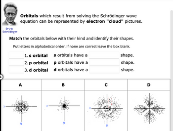 Erwin
Schrödinger
X
Orbitals which result from solving the Schrödinger wave
equation can be represented by electron "cloud" pictures.
Match the orbitals below with their kind and identify their shapes.
Put letters in alphabetical order. If none are correct leave the box blank.
1.s orbital
2. p orbital
3.d orbital
s orbitals have a
p orbitals have a
orbitals have a
y
C
shape.
shape.
shape.
D