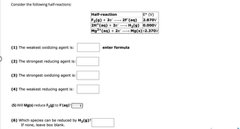 Consider the following half-reactions:
(1) The weakest oxidizing agent is:
(2) The strongest reducing agent is:
(3) The strongest oxidizing agent is:
(4) The weakest reducing agent is:
(5) Will Mg(s) reduce F₂(g) to F'(aq)? | +
Half-reaction
F₂(g) + 2e
2H+(aq) + 2e™
Mg2+ (aq) + 2e™
(6) Which species can be reduced by H₂(g)?|
If none, leave box blank.
E° (V)
2.870V
H₂(g) 0.000V
Mg(s) -2.370V
2F (aq)
enter formula