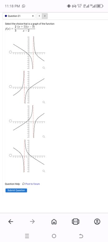 11:18 PM O
Question 21
<
>
Select the choice that is a graph of the function
2 (x + 1)(x-3)
f(x) =
3
x-2
О
O.
4
б
5
-I
7
4
1.
4 5
4 5
Q
Question Help: Post to forum
Submit Question
←
|||
(()) 4.15 4G
K/S
>>
65
3G
61