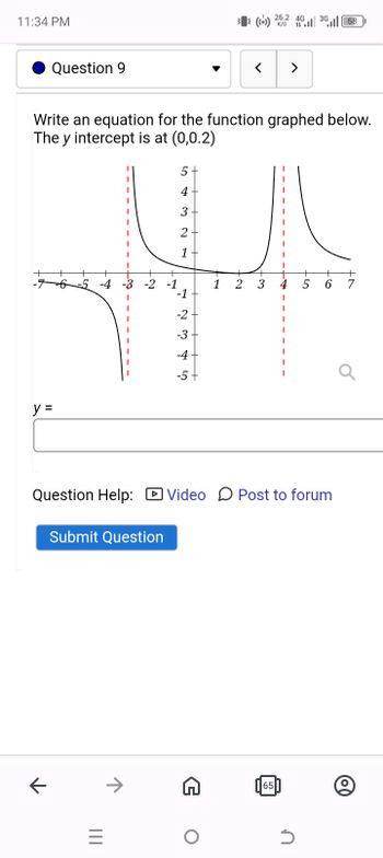 11:34 PM
Question 9
26.2
(()) 24.11
4G
3G 58
<
>
Write an equation for the function graphed below.
The y intercept is at (0,0.2)
y =
543
22
-5 -4 -3 -2
1
1 2
3 4 5 6
-1
-2
-3
-4
7 2 3 4 5
-5+
Question Help: Video Post to forum
Submit Question
←
←
|||
=
65
5