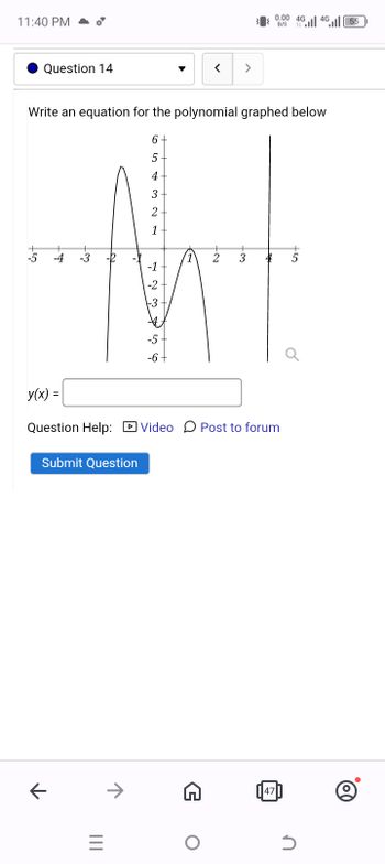 11:40 PM
0.00 4G
4G
55
B/S 1
Question 14
< >
Write an equation for the polynomial graphed below
65432
1
+
-5
+
-4 -3
1 2
3
4
5
-1
-3
723
-2
-5
-6+
y(x) =
Question Help: Video Post to forum
Submit Question
←
|||
୪
→
47
"