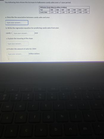 The following data shows the increase in Halloween candy sales over a 7-year period.
Halloween Candy Sales (in million of dollars)
Year
1995 1998 1997
Candy Sales 1.474 1.66 1.708
a. Describe the association between candy sales and year.
2
type your answer...
b. Write the regression equation for predicting candy sales from year.
candy = type your answer...
GA
c. Explain the meaning of the slope.
type your answer...
10
d. Predict the amount of sales for 2004
type your answer...
W
S
X
#m
d
year
million dollars
जी पं
11
do in
%
5
V
9
y
7
h
1998 1999 2000 2001
1.787 1.896 1.985 2.035
*00
m
K