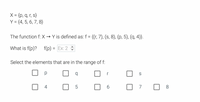 X = {p, q, r, s}
Y = {4, 5, 6, 7, 8}
The function f: X → Y is defined as: f = {(r, 7), (s, 8), (p, 5), (q, 4)}.
What is f(p)?
f(p) = Ex: 2 :
Select the elements that are in the range of f:
r
S
4
5
6.
O 7
O 8
