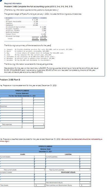 Required information
Problem 3-8B Complete the full accounting cycle (LO3-3, 3-4, 3-5, 3-6, 3-7)
[The following information applies to the questions displayed below]
The general ledger of Pipers Plumbing at January 1, 2021, Includes the following account balances:
Debits
Credits
$ 3,700
8,708
2,700
28,000
Accounts
Cash
Accounts Receivable
Supplies
Equipment
Accumulated Depreciation
Accounts Payable
utilities Payable
Deferred Revenue
Common Stock
Retained Earnings
Totals
The following is a summary of the transactions for the year
1. January
2. March
3. May
4. June
5. September 15 Pay utilities of $3,889 from 2828 (per year).
6. November 24 Receive cash in advance from customers, $6,800.
7. December 30 Pay $1,400 cash dividends to stockholders.
Problem 3-88 Part 8
Expenses
The following Information is available for the adjusting entries.
Depreciation for the year on the machinery is $4,800. Plumbing supplies remaining on hand at the end of the year equal
$1,100. Of the $6.800 paid in advance by customers. $5.400 of the work has been completed by the end of the year
Accrued utilities at year-end amounted to $7,500.
Total expenses
24 Provide plumbing services for cash, $12,888, and on account, $57,800.
13 Collect on accounts receivable, $45,080.
-a. Prepare an income statement for the year ended December 31, 2021.
15,800
8,700
$35,100 $35, 100
6. Issu shares of common stock. In exchange for $11,000 cash.
38 Pay salaries for the current year, $31,400.
Current Assets
$4,800
2.800
3,880
8
PIPER & PLUMBING
Income tatement
For the Year Ended December 31, 2021
Total Assets
b. Prepare a classified balance sheet for the year ended December 31, 2021 (Amounts to be deducted should be indicated by s
minus sign.)
Total current assets
Long-term Assets
Assets
S
PIPER & PLUMBINO
Balance Sheet
December 31, 2021
0
Cument Liabilities:
Total Current Liabilities
Liabilities
Stookholder' Equity
Total Stockholder's Equity
Total Liables and Stockholders Equity
$
0
10