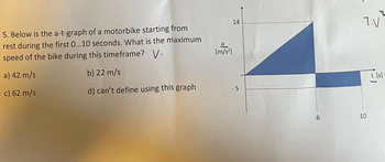 5. Below is the a-t-graph of a motorbike starting from
rest during the first 0...10 seconds. What is the maximum
speed of the bike during this timeframe? V.
a) 42 m/s
b) 22 m/s
c) 62 m/s
d) can't define using this graph
[m/s²]
14
6
1.V
10
t [s]