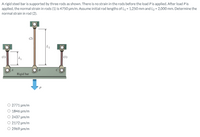 Arigid steel bar is supported by three rods as shown. There is no strain in the rods before the load P is applied. After load Pis
applied, the normal strain in rods (1) is 4750 µm/m. Assume initial rod lengths of L1 = 1,250 mm and L2 = 2,000 mm. Determine the
normal strain in rod (2).
(2)
L2
(1)
(1)
B
Rigid bar
O 2771 um/m
O 1846 um/m
O 2437 um/m
O 2172 um/m
O 2969 um/m
