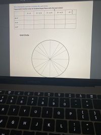 Fill in the blanks and the complete the unit Circle:
Trigonometric Function Value for Standard Angle (Please write the exact values)
e =T/6
e = T/4
e =n/3
e = 0
sin 0
cos 0
tan 0
Unit Circle
MacBook Pro
30
F5
DII
DD
F7
F8
F9
F10
F11
$
F12
&
4
)
7
8.
+
Y
{
}
G
H
J K
11
L
....
* 00
