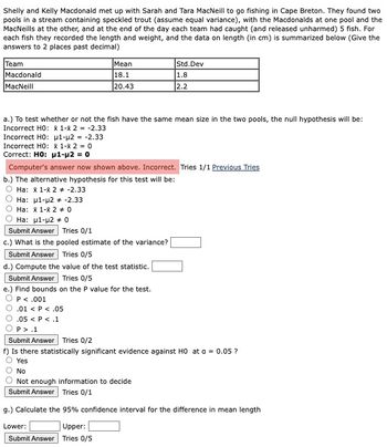 Shelly and Kelly Macdonald met up with Sarah and Tara MacNeill to go fishing in Cape Breton. They found two
pools in a stream containing speckled trout (assume equal variance), with the Macdonalds at one pool and the
MacNeills at the other, and at the end of the day each team had caught (and released unharmed) 5 fish. For
each fish they recorded the length and weight, and the data on length (in cm) is summarized below (Give the
answers to 2 places past decimal)
Team
Macdonald
MacNeill
Mean
18.1
20.43
Incorrect H0: p1-µ2 = -2.33
Incorrect H0: & 1-8 2 = 0
Correct: HO: p1-p2 = 0
a.) To test whether or not the fish have the same mean size in the two pools, the null hypothesis will be:
Incorrect H0: & 1-8 2 = -2.33
Std.Dev
1.8
2.2
Computer's answer now shown above. Incorrect. Tries 1/1 Previous Tries
b.) The alternative hypothesis for this test will be:
Ha: & 1-X 2 # -2.33
Ha: p1-p2 -2.33
Ha: & 1-8 2 # 0
Ha: p1-µ2 0
Submit Answer Tries 0/1
c.) What is the pooled estimate of the variance?
Submit Answer Tries 0/5
d.) Compute the value of the test statistic.
Submit Answer Tries 0/5
e.) Find bounds on the P value for the test.
P < .001
.01 < P < .05
.05 < P < .1
P>.1
Submit Answer Tries 0/2
f) Is there statistically significant evidence against HO at a = 0.05 ?
Yes
No
Not enough information to decide
Submit Answer Tries 0/1
g.) Calculate the 95% confidence interval for the difference in mean length
Lower:
Upper:
Submit Answer Tries 0/5