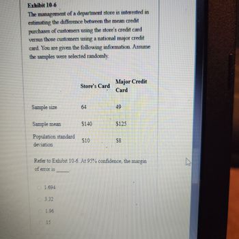 Exhibit 10-6
The management of a department store is interested in
estimating the difference between the mean credit
purchases of customers using the store's credit card
versus those customers using a national major credit
card. You are given the following information. Assume
the samples were selected randomly.
Major Credit
Store's Card
Card
Sample size
64
49
Sample mean
Population standard
deviation
$140
$125
$10
$8
Refer to Exhibit 10-6. At 95% confidence, the margin
of error 13
1.694
3.32
1.96
15
✓✓