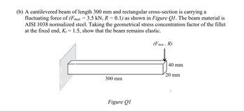 (b) A cantilevered beam of length 300 mm and rectangular cross-section is carrying a
fluctuating force of (Fmax = 3.5 kN, R = 0.1) as shown in Figure Q1. The beam material is
AISI 1038 normalized steel. Taking the geometrical stress concentration factor of the fillet
at the fixed end, K, = 1.5, show that the beam remains elastic.
300 mm
Figure Q1
(Fmax ,
"max, R)
40 mm
20 mm
|