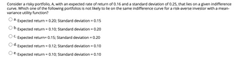 Consider a risky portfolio, A, with an expected rate of return of 0.16 and a standard deviation of 0.25, that lies on a given indifference
curve. Which one of the following portfolios is not likely to lie on the same indifference curve for a risk-averse investor with a mean-
variance utility function?
a. Expected return = 0.20; Standard deviation = 0.15
b. Expected return
= 0.10; Standard deviation = 0.20
Expected return= 0.15; Standard deviation = 0.20
Expected return = 0.12; Standard deviation = 0.10
Expected return = 0.10; Standard deviation = 0.10
C.
d.
e.