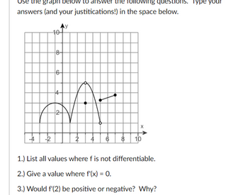 graph below to ans
answers (and your justitications!)
-4 -2
10-
8-
6-
2-
ne following questions. Type your
in the space below.
6
8 10
1.) List all values where f is not differentiable.
2.) Give a value where f'(x) = 0.
3.) Would f'(2) be positive or negative? Why?