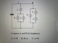 I
II
E
B
F
Compare A and B for brightness.
A. A>B
В. В>А
С. А%3DВ
