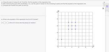 a. Using the pairs of values for all 10 points, find the equation of the regression line.
b. After removing the point with coordinates (1,2), use the pairs of values for the remaining 9 points and find the equation of the regression line.
c. Compare the results from parts (a) and (b).
a. What is the equation of the regression line for all 10 points?
y=+x (Round to three decimal places as needed.)
Ау
10-
8-
6-
4-
2-
0
2
-+
-6
-∞
8
X
10
←
c
Ау
10-
8-
6+
X
•HOITTEN
M444~
||▬▬▬▬▬+
H❤❤❤▬▬▬▬▬▬▬▬▬
||||||||||| O
24 6