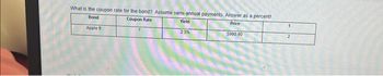 What is the coupon rate for the bond? Assume semi-annual payments. Answer as a percent!
Bond
Coupon Rate
Yield
Price
Apple B
$990.90
2.3%
t
2