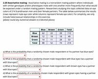 ## 2.20 Assortative Mating

**Assortative mating** is a nonrandom mating pattern where individuals with similar genotypes and/or phenotypes mate with one another more frequently than what would be expected under a random mating pattern. Researchers studying this topic collected data on eye colors of 214 Scandinavian men and their female partners. The table below summarizes the results (rows represent male eye color while columns represent female eye color). For simplicity, we only include heterosexual relationships in this exercise.

*(please round any numerical answers to 4 decimal places)*

|          | Blue | Brown | Green | Total |
|----------|------|-------|-------|-------|
| **Blue** | 62   | 22    | 28    | 112   |
| **Brown**| 12   | 19    | 18    | 49    |
| **Green**| 14   | 11    | 28    | 53    |
| **Total**| 88   | 52    | 74    | 214   |

### Questions:

a) What is the probability that a randomly chosen male respondent or his partner has blue eyes? [__]

b) What is the probability that a randomly chosen male respondent with blue eyes has a partner with blue eyes? [__]

c) What is the probability that a randomly chosen male respondent with brown eyes has a partner with blue eyes? [__]

d) What is the probability of a randomly chosen male respondent with green eyes having a partner with blue eyes? [__]