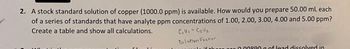 2. A stock standard solution of copper (1000.0 ppm) is available. How would you prepare 50.00 mL each
of a series of standards that have analyte ppm concentrations of 1.00, 2.00, 3.00, 4.00 and 5.00 ppm?
Create a table and show all calculations.
C₁V₁=C₂ V₂
10009
Dilution Factor
VALL
ar 0.00890 g of lead dissolved in