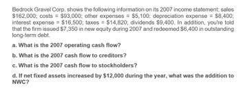 Bedrock Gravel Corp. shows the following information on its 2007 income statement: sales
$162,000; costs = $93,000; other expenses = $5,100: depreciation expense = $8,400;
interest expense = $16,500; taxes = $14,820; dividends $9,400. In addition, you're told
that the firm issued $7,350 in new equity during 2007 and redeemed $6,400 in outstanding
long-term debt.
a. What is the 2007 operating cash flow?
b. What is the 2007 cash flow to creditors?
c. What is the 2007 cash flow to stockholders?
d. If net fixed assets increased by $12,000 during the year, what was the addition to
NWC?