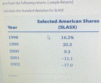 you have the following returns. (sample Returns)
calculate the Standard deviation for SLASX
Selected American Shares
Year
(SLASX)
1998
16.2%
1999
20.3
2000
9.3
2001
-11.1
2002
-17.0
Answer:
