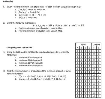 K-Mapping
1. Given Find the minimum sum of products for each function using a Karnaugh map.
a. f1(a, b, c) = ma + m₂ + ms + m
b. f2(d, e. f)= Em(0,1,2,4)
cf3(r,s,t) = ri + rs + rs
d. f4(x, y, z)= Mo. Ms
2. Using the following expression:
F(A,B,C,D) = BD + BCD + ABC + ABCD + BD
a. Find the minimum sum of products using K-Map.
b. Find the minimum product of sums using K-Map.
K-Mapping with Don't Cares
1. Using the table on the right for the input and outputs. Determine the
following:
a.
minimum SOP of output F
b.
minimum POS of output F
c.
minimum SOP of output G
d. minimum POS of output G
2. Find the minimum sum of products and the minimum product of sums
for each function:
a. f(a, b, c, d) =
b. f(a, b, c, d) =
M(0, 1, 6, 8, 11, 12) ND(3, 7, 14, 15)
m(1, 3, 4, 11)+Id(2, 7, 8, 12, 14, 15)
Inputs
Outputs
A BCDF G
00001 1
00 0 1 0
1
1 0 1
1 1
0
0
0
0 1
1
0
0
1 1 1 d
0 00d
d
0 0 1 0 1
0 1 01 d
0
0
0 0
0
1
0
1
0
11
0
1
1
1
1
1
alalals
0
1
1
0
d
0
d
0 1 1 0 1
10000
1 10 11 1
1100 0
1
1
1