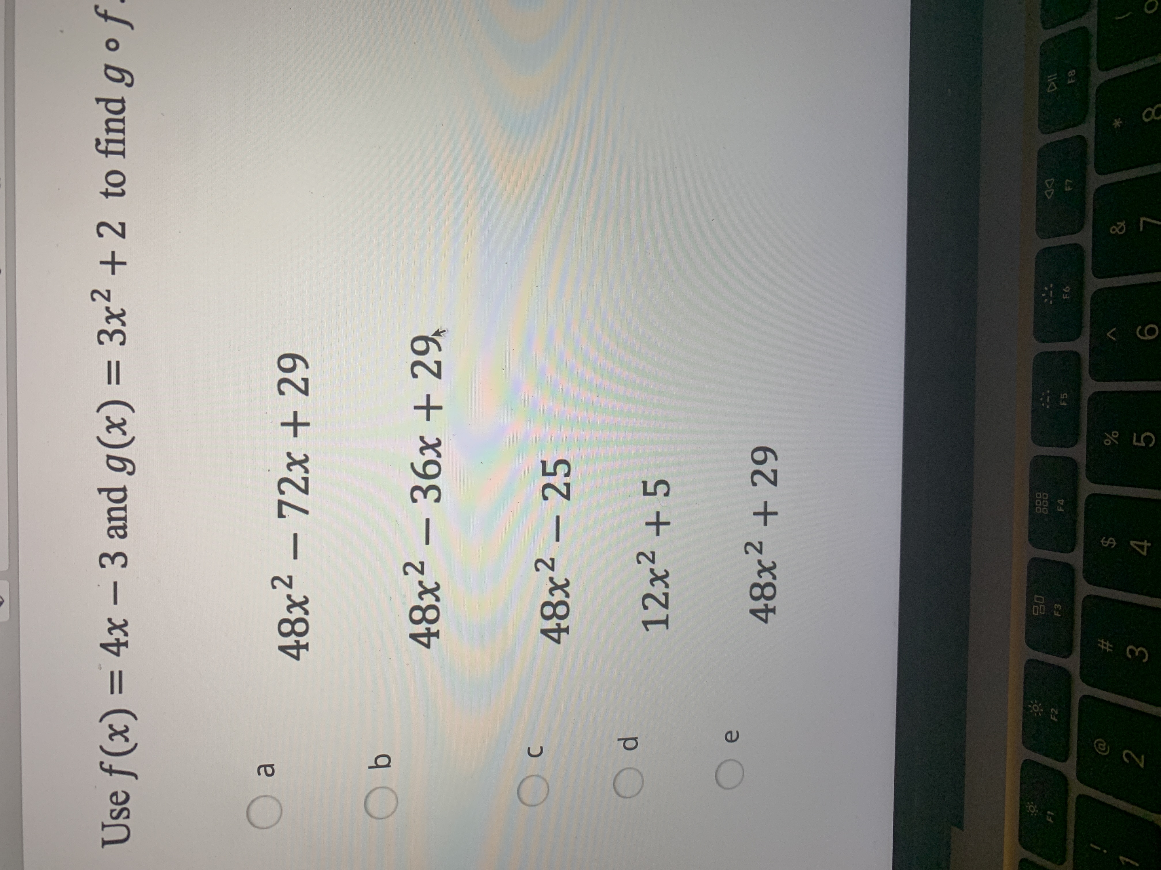 Use f(x) = 4x – 3 and g(x) = 3x2 + 2 to find gof
%3D
%3D
