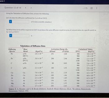 erm 1
Question 12 of 14
Using the Tabulation of Diffusion Data, answer the following:
(a) Calculate the diffusion coefficient for Cu in Niat 550°C.
m²/s (Use scientific notation.)
Diffusing
Species
Fe
Fe
(b) What time (in h) will be required at 610°C to produce the same diffusion result (in terms of concentration at a specific point) as
for 12 h at 550°C?
C
< >
C
Cu
Zn
Al
Cu
Mg
Cu
Tabulation of Diffusion Data
Host
Metal
a-Fe
(BCC)
y-Fe
(FCC)
a-Fe
y-Fe
ठठ
h
Al
Al
Al
Ni
Do(m²/s)
2.8 x 10-4
5.0 × 10-5
6.2 x 10-7
2.3 x 10-5
7.8 x 10-5
2.4 x 10-
2.3 x 10-4
6.5 x 10-5
1.2 x 10-
2.7 x 10-5
Activation Energy Qa
eV/atom
2.60
kJ/mol
251
284
80
148
211
189
144
136
131
256
2.94
0.83
1.53
2.19
1.96
1.49
1.41
1.35
2.65
Calculated Values
T(°C)
500
900
900
1100
500
900
900
1100
500
500
-/15 E
500
500
500
500
D(m²/s)
3.0 x 10-21
1.8 x 10-15
1.1 x 10-17
7.8 x 10-16
2.4 x 10-12
1.7 x 10-10
5.9 x 10-12
5.3 x 10-11
4.2 x 10-19
4.0 x 10-IN
4.2 x 10-14
4.1 x 10-14
1.9 x 10-1
1.3 x 10-22
***
Source: E. A. Brandes and G. B. Brook (Editors), Smithells Metals Reference Book, 7th edition, Butterworth-
Heinemann, Oxford, 1992.