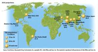 2025 prejections
Del
India
225
Shanghal,
China
New York, USA
20.6
Tokya Japan
Kerach
Pakistan
19.1
Dhaka
Mexice City, Menice
21.0
Mumbal
India
26.4
Kolkata, Bangladesh
/India 220
204
City populations
in millions
Sao Paula, Brail
15 te 19
21.4
20 te 24
25 and over
Seure Fem lavm, Nasenaht. Berg taniranment. e pright 2012. a Wiley and Som, In. The matmialeprodaced with pemsien of n Wey and Sem, I
