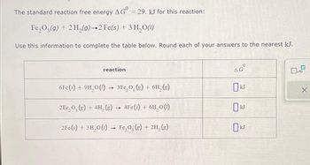 The standard reaction free energy AG = 29. kJ for this reaction:
Fe₂O3(g) + 2 H₂(g) →2 Fe(s) + 3 H₂O(1)
Use this information to complete the table below. Round each of your answers to the nearest kJ.
reaction
6Fe(s) + 9H₂0 (1)→ 3 Fe₂O3 (g) + 6H₂ (g)
2Fe₂O3(g) + 4H₂ (g) 4Fe(s) + 6H₂0 (1)
2Fe (s) + 3H₂O (1)→ Fe₂O3 (g) + 2H₂ (8)
-
AGⓇ
kJ
X