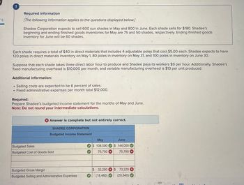 f 6
!
Required information
[The following information applies to the questions displayed below.]
Shadee Corporation expects to sell 600 sun shades in May and 800 in June. Each shade sells for $180. Shadee's
beginning and ending finished goods inventories for May are 75 and 50 shades, respectively. Ending finished goods
inventory for June will be 60 shades.
Each shade requires a total of $40 in direct materials that includes 4 adjustable poles that cost $5.00 each. Shadee expects to have
120 poles in direct materials inventory on May 1, 80 poles in inventory on May 31, and 100 poles in inventory on June 30.
Suppose that each shade takes three direct labor hour to produce and Shadee pays its workers $9 per hour. Additionally, Shadee's
fixed manufacturing overhead is $10,000 per month, and variable manufacturing overhead is $13 per unit produced.
Additional information:
•
Selling costs are expected to be 6 percent of sales.
• Fixed administrative expenses per month total $12,000.
Required:
Prepare Shadee's budgeted income statement for the months of May and June.
Note: Do not round your intermediate calculations.
> Answer is complete but not entirely correct.
SHADEE CORPORATION
Budgeted Income Statement
Budgeted Sales
Budgeted Cost of Goods Sold
May
June
$ 108,000
$ 144,000
75,750 x
70,780
Budgeted Gross Margin
Budgeted Selling and Administrative Expenses
$ 32,250 $ 73,220 x
(18,480)
(20,640)
S