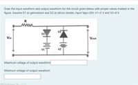 Draw the input waveform and output waveform for the circuit given below with proper values marked in the
figure. Assume D1 as germanium and D2 as silicon diodes. Input Vpp=20V, V1=5 v and V2=8 V.
R
DZ
D1
Vin
Vout
V2
Maximum voltage of output waveform
Minimum voltage of output waveform
Windows hui
