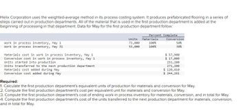 Helix Corporation uses the weighted-average method in its process costing system. It produces prefabricated flooring in a series of
steps carried out in production departments. All of the material that is used in the first production department is added at the
beginning of processing in that department. Data for May for the first production department follow:
Work in process inventory, May 1
Work in process inventory, May 31
Materials cost in work in process inventory, May 1
Conversion cost in work in process inventory, May 1
Units started into production
Units transferred to the next production department
Materials cost added during May
Conversion cost added during May
Required:
Percent Complete
Units Materials
73,000
53,000
Conversion
100%
50%
100%
30%
$ 57,900
$ 17,000
251,200
271,200
$ 120,410
$ 244,261
1. Calculate the first production department's equivalent units of production for materials and conversion for May.
2. Compute the first production department's cost per equivalent unit for materials and conversion for May.
3. Compute the first production department's cost of ending work in process inventory for materials, conversion, and in total for May.
4. Compute the first production department's cost of the units transferred to the next production department for materials, conversion,
and in total for May.