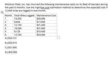 Mitchum Fleet, Inc. has incurred the following maintenance costs on its fleet of taxicabs during
the past 6 months. Use the high/low cost estimation method to determine the expected cost if
12,000 miles are logged in one month.
Month Total Miles Logged Maintenance Cost
+
1
13,255
$26,000
2
8,650
$17,000
3
12,150
$21,400
4
18,200
$31,600
5
9,120
$19,400
6
12,750
$24,000
A.) $22,121
B.) $24,415
C.) $31,600
D.) $45,300