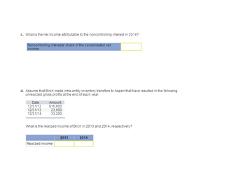 c. What is the net income attributable to the noncontrolling interest in 2014?
Noncontrolling interests' share of the consolidated net
income
d. Assume that Birch made intra-entity inventory transfers to Aspen that have resulted in the following
unrealized gross profits at the end of each year:
Date
Amount
12/31/12 $16,600
12/31/13
12/31/14
23,600
33,200
What is the realized income of Birch in 2013 and 2014, respectively?
Realized income
2013
2014