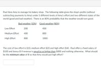 Paul hires Amy to manage his bakery shop. The following table gives the shop's profits (without
subtracting payments to Amy) under 3 different levels of Amy's effort and two different states of the
world (good and bad weather). There is an 80% probability that the weather would turn good.
Bad weather (20%)
Good weather (80%)
Low Effort
200
400
Medium Effort
400
800
High Effort
800
1000
The cost of low effort is $10, medium effort $20 and high effort $40. Paul offers a fixed salary of
$100 and bonus B if revenue is equal to or higher than $800 and nothing otherwise. What should
be the minimum value of B so that Amy would put high effort?
