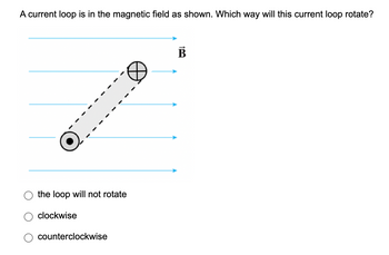 A current loop is in the magnetic field as shown. Which way will this current loop rotate?
the loop will not rotate
clockwise
counterclockwise