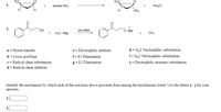 H3C
1.
H3C
excess NH3
NH,CI
NH2
он
dry ether
Mgl
H3C-Mgl
CH4
+
h = Syl Nucleophilic substitution
i = Sx2 Nucleophilic substitution
j = Electrophilic aromatic substitution
a = Proton transfer
e = Electrophilic addition
b = Lewis acid/base
f= E1 Elimination
c = Radical chain substitution
g = E2 Elimination
d = Radical chain addition
Identify the mechanism by which each of the reactions above proceeds from among the mechanisms listed. Use the letters a - j for your
answers.
1.i
2.
2.
